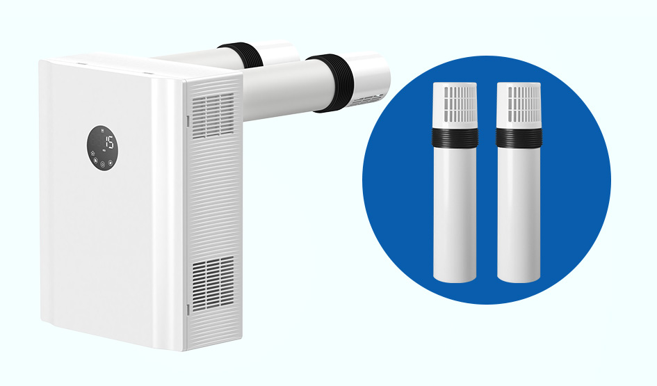 Unidade ECO-FLEX com dois tubos de ligação ao exterior, para insuflação e extração do ar